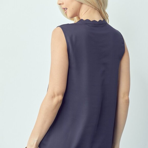 DOE & RAE Navy Scalloped Sleeveless Blouse, Elegant Work Top - Picture 4 of 7